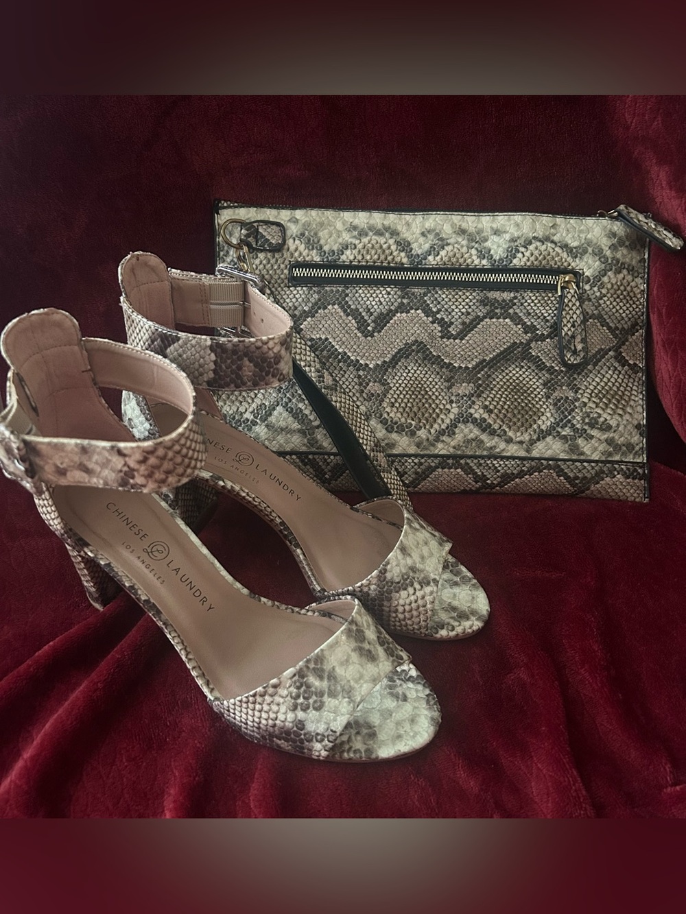 CHINESE LAUNDRY RUMOR Snake Print Ankle Strap Heeled Sandals with Clutch